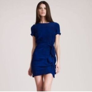 Gryphon New York Knotty Silk Gathered Side Ruffle Blue/ Purple Dress, Medium